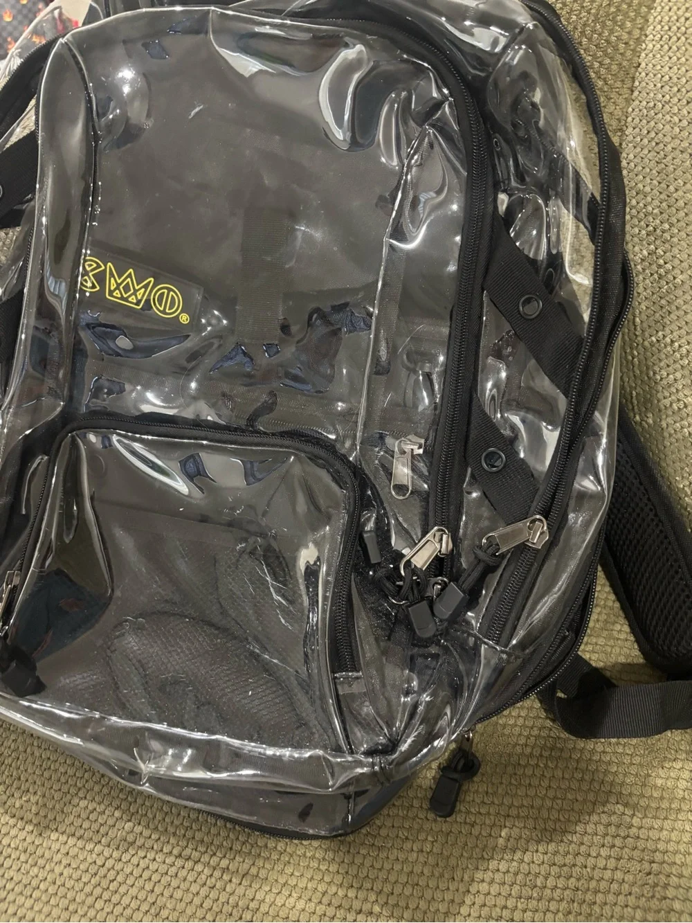Clear Black PVC Backpack with Yellow Logo Accent